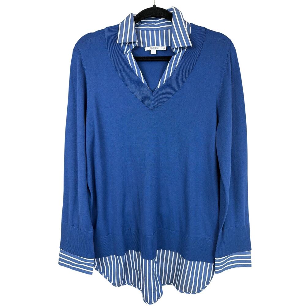 Chicos Blue Long Sleeve V Neck Collared Top Size L